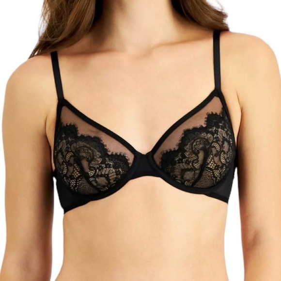 INC Intimates Underwire Lace Bra & High Waist Lace Thong Deep Black Large New - Picture 2 of 13